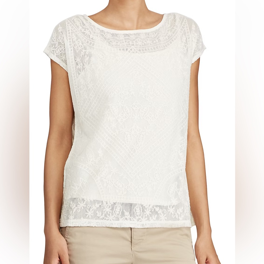 LAUREN RALPH LAUREN Natural Embroidered Cottagecore Sheer Lace Round Neck Top 1X